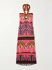 [Johanna Ortiz] Johanna Ortiz - + Net Sustain Unexpected Symbolism Cutout Printed Linen Halterneck Midi Dress - Pink - US6 US 6 Pink