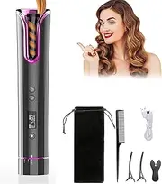 Wireless Curling Iron, Automatic Curler with Built-in Battery, Curling Iron, Automatic Portable USB Rechargeable Professional Curling Iron with LCD Temperature Display and Timer