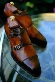 Handcrafted Handmade Man Brown leather double monk dress shoes custom made shoes