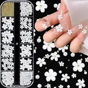 3D Flower Nail Art Charms, 250pcs White Flowers Nail Rhinestones Kit 3D Crystal Nail Pearls Flat Design Acrylic Nail Art Studs Manicures Nail Accessories for Women Girls
