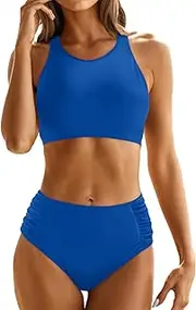 [Holipick] Women High Waisted Two Piece Bikini Set Racerback Bathing Suit Sporty Crop Top with Bottom for Teen Girls