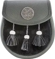 [I LUV LTD] Semi Dress Sporran Faux Fur Pewter Triskell Badge 2 Colours Scottish Made Comes with Sporran Waist Chain Scottish Celtic Wallet Pouch Kilt Accessories for Men