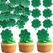 Ephlyn 50Pcs Edible St Patrick's Day Cupcake Topper Wafer Paper Lucky Four Leaf Shamrock Cupcake Cupcake Toppers Picks for St Patrick's Day Party Irish Holiday Party Decoration Supplies