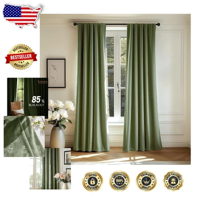 Sage Green Velvet Thermal Insulated Curtains - Room Darkening Pack of 2 Panels