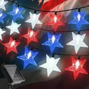 12M 100 LED Solar Star String Lights Outdoor Waterproof Red White Blue Fairy Lights with 8 Modes for Independence Day Celebrations