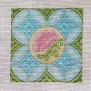 Plum Stitchery hand painted needlepoint canvas Pink Flower Rose on aqua blue 13c