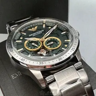 【EMPORIO ARMANI】ARMANI手錶型號AR00057(墨綠色機械鏤空錶面銀錶殼銀色精鋼錶帶款)