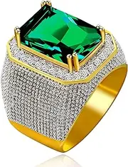 [Uloveido] Men's Gold Plated Emerald Cut Simulated Onyx Ring Wedding Band Super Big CZ Hip Hop Rings RA408