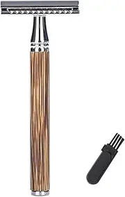 Tignapoo 1PC Double Edge Safety Razor with Bamboo Wooden Handle, Scalloped Bar, Open Comb Head, Wood Grain, Men's Shaving Tool