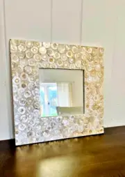 Vtg Handmade Round Silver & Gold Shell Trim Decorative Mirror 15.5" Square NICE!
