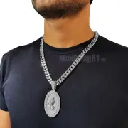 Cubic Zirconia Iced Silver Oval Praying Hands Pendant 10mm Cuban Chain Necklace