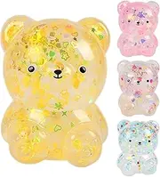 Squishy Bear Fidget Toy, Cute Bear Shaped Squeeze Ball, Gummy Bear Soft Squeeze Toys, Stretchy Squeeze Bear with Glittery Sequin for Boys and Girls, Sensory Relaxing Bear Toys for People with Stress