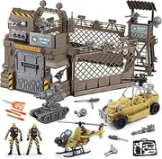 fisca Military Toys Set Military Base Playset Army Men Soldiers Action Figures Military Vehicles Weapon Gear Military Model Toy Set for Kids 3+ Year Old, Brown