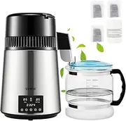 VEVOR 4L Water Distiller, Distilled Water Maker Machine 750W 0-99H Timing Dual Temp Display, 1L/H, 304 Stainless Steel Countertop Distiller Glass Carafe Cleaning Powder 3 Carbon Packs, Silver