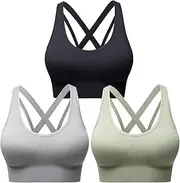 [Wuuus] Strappy Sports Bras for Women, Scoop Neck Medium Support Yoga Bra Seamless Criss Cross Longline High Impact Workout Bras