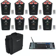 (8) Rockville RF WEDGE BLACK RGBWA+UV Wireless DMX Lights+Backpack+Controller