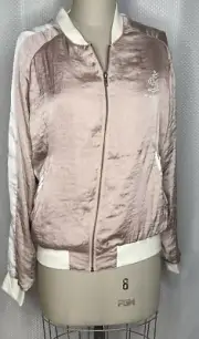 NWT SPIRITUAL GANGSTER WOMENS ZIP UP JACKET SATIN PINK DREAMER HAMSA HAND LARGE