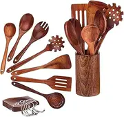 [KITment] 16 Pcs Wooden Cooking Utensils Set, Natural Teak Wood Spoon for Cooking, with Holder, Spoon Rest & 7 Hooks, Nonstick Kitchen Cookware