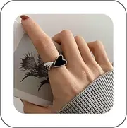 [Erimberate] Punk Enamel Heart Finger Ring Silver Double Heart Ring Black Enamel Heart Ring Small Heart Half Open Ring Adjustable Ring Jewelry for Women and Girls Gifts, Zinc, No Gemstone