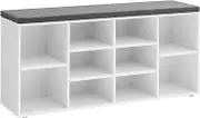 VASAGLE Shoe Bench with Cushion, Storage Bench with Padded Seat, Entryway Bench with 10 Compartments, Adjustable Shelves, for Bedroom, 11.8 x 40.9 x 18.9 Inches, White and Gray ULHS10WT