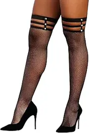 Dreamgirl Women's Fishnet Thigh High Stockings with Strappy Elastic Top Sockshosiery, black, One Size, Black, One size