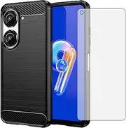 [Asuwish] Compatible with Asus ZenFone 9 Case and Tempered Glass Screen Protector with Shockproof Slim Silicone Wireless Charging Carbon Fiber Phone Cover for ZenFone9 5G Women Men Black