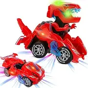 XILETAO Transforming Dinosaur LED Car with Light and Music, Dinosaur Toys for Kids 3-5-7, Dino Toy Cars Christmas Birthday Gifts for Toddlers Boys Girls (Red)