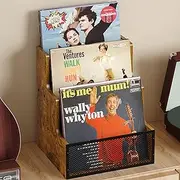 Yuzehuaza Rustic Stepped 3-Tier LP Vinyl Record Crate with Metal Grid, Wooden Album Storage Desktop Organizer Box for Vinyl, Rustic Brown & Black (Patent Pending)