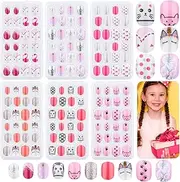 Thrilez 144 Pcs Kids Press on Nails for Girls, Teens - Acrylic Artificial False Tips, Pre Glued Full Cover Short Stick on Nail Art Decoration (Pink Series)