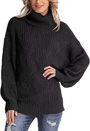 [Generic] Oversized Turtleneck Sweater, Casual Knit Pullover, Batwing Sleeves, Black