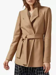 Ted Baker Drytaa Camel Short Wrap Collar Belted Short Jacket Coat Size 5 UK 16