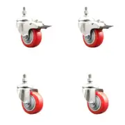3.5 Inch 316SS Red Polyurethane 3/8 Inch Threaded Stem Caster Set 2 Lock Brake