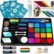 MooMoo Baby Face Painting Kit for Kids Adults Face Paint Kits 18 Colors, 28 Stencils, Split Cake, 2 Hair Chalks 6 Brushes 2 Glitter 4 Sponges Fusion Body Paints Set Make Up Palette Skin Safe