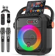JYX Karaoke Machine with 2 Wireless Microphones, PA System with Treble/Bass Adjustment, Portable Bluetooth Speaker with RGB Light, Supports Live Broadcast/Monitoring, Suitable for Adults/Children