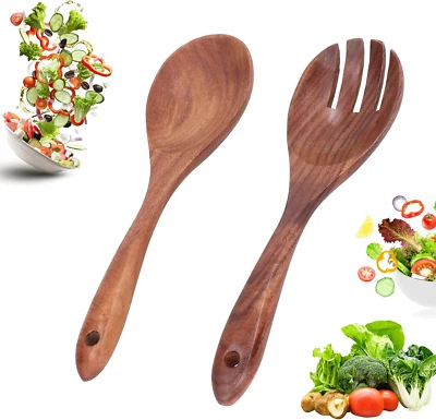 2 PCS Salad Tongs for Serving, Wooden Salad Servers, Fork and Spoon Set for Kitc