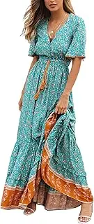 [R.Vivimos] Womens Summer Cotton Short Sleeve V Neck Floral Print Casual Bohemian Midi Dresses