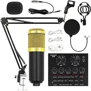 Gcerfby Live Streaming Sound Card Set, Recording Studio Kit, Gami-ng Mic Kit With Adjustment Boom Stand, Black/Gold, Easy To Use, Portable For Anchors, Singers Podcasts, Recording