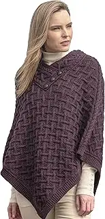 [Aran Crafts] Women's Cable Knit Nua Button Poncho (100% Super Soft Merino Wool)
