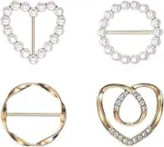 4-Piece Scarf Ring Clips, T-Shirt Ties Clips and Shirt Clip Buckles, Fashion Metal Rhinestone Faux Pearl Accessories for Women, Clothes Corner Knotted Button and Boot Straps Fixing Kit(4 Styles)