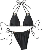 [Aizscvu] Sexy Side-tie Two-Piece Swimsuit for Women, a Bikini Set with Charming Decoration Beads., Black, Medium