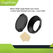 49mm Wide-angle Metal Lens Hood + 72mm Side Pinched Lens Cap + Lens Cloth