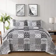 WONGS BEDDING Grey Quilt Set King Size, Patchwork Plaid Bedspread Bedding Sets S