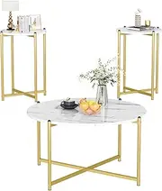 AWQM Faux Marble Coffee Table Set of 3, 1 Coffee Table & 2 Sofa Table, Round Tabletop and Metal Cross Base Frame,Perfect for Living Room Apartment, White & Gold