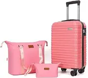 [Aklsvion] Luggage Set 3 Piece Luggage Set ABS hardshell Spinner Wheels Luggage Carry on Suitcase with Weekender bag & Toiletry bag, PInk, 20 in