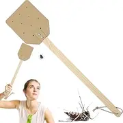 Outdoor Fly Racket, Wooden Long Handle Handheld Fly Racket for Indoor Use, PU Leather Indoor Flying Catching Tool with Fixing Hole