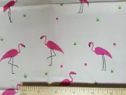 Flamingos, grass sprigs, pink dots on white cotton -Fat Quarter