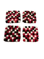 4” Set 4 Handmade Multicolor Felt Balls Coaster Trivet Square Wool Pom Nepal T17
