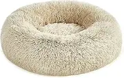 Feandrea Fluffy Dog Bed, Cat Bed, Doughnut Cushion, Washable, Removable Padding in The Centre, Long Plush, 60 cm Diameter, Ombre-Khaki PGW038S01