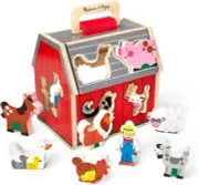 Melissa Doug Wooden Take-Along Sorting Barn Toy Flip Up Roof Handle 10 Wooden