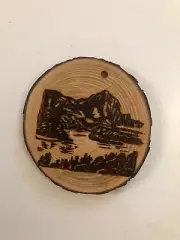 2.5” Hand Burned Pyrography Ornament “Mountain Range And Lake”